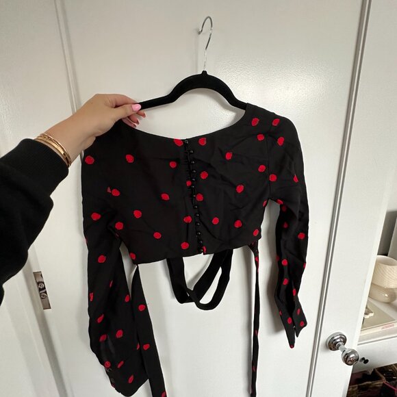 Proenza Schouler Long-sleeved Crop Top Sz 0 Back Bow Belt Black Red Polka Dot - Picture 10 of 10